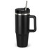 A drink bottle in matte black with a silver band, featuring a straw and a handle for easy grip.