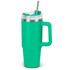 A drink bottle in vibrant teal, featuring a handle, stainless steel lid, and a reusable straw.