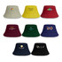 A variety of bucket hats in different colours, featuring various logos and designs.