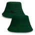 A dark green bucket hat featuring a logo, showcasing a simple and versatile design.