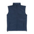 A navy blue vest with a high collar and zip closure, featuring two side pockets and a branding logo.