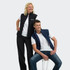 A black women's vest and a navy men's vest worn by models, featuring a logo on each vest.