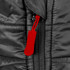 A close-up of a black puffer vest featuring a red zip pull, highlighting the zipper detail.