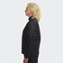 A women's puffer jacket in black, featuring a standing collar and a fitted design, shown from the side.