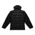 A black women's puffer jacket featuring a hood and quilted design, with a branded logo on the back.