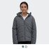 A women's puffer jacket in grey featuring a zip front and a hood, displayed on a model.