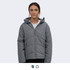 A grey women's puffer jacket with a hood, featuring a zip closure and a quilted design.