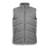 A grey puffer vest with a high collar and zip front, featuring two side pockets and a simple logo.