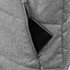 A grey puffer vest with a smartphone tucked into a side zip pocket. The fabric has a textured appearance.