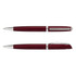 A metal pen in a deep burgundy colour with silver accents and a sleek design, featuring a logo.