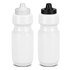 A drink bottle set featuring two white bottles, one with a grey cap and the other with a black cap. Each has a logo.