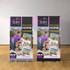 A pull-up banner featuring a real estate theme, predominantly in black and white with colourful images, and a logo.