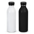 A drink bottle set featuring one white aluminium bottle and one black aluminium bottle, each with a black cap and a logo.