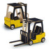 A wooden model of a forklift in yellow and natural wood, featuring detailed design and wheels.