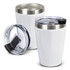 A drink bottle set featuring two white vacuum tumblers with stainless steel accents and clear lids.