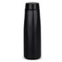 A drink bottle with a sleek design, featuring a matte black finish and a screw-on lid.