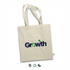 A cream tote bag with long handles featuring a logo in blue and green.
