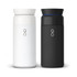 A drink bottle featuring a sleek design, available in white and black, with a logo on the front.