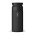 A drink bottle in matte black with a lid. It features a logo and a blue accent around the top.