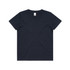 A navy blue kids' T-shirt with a round neckline and short sleeves, featuring a logo.