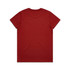 A red T-shirt with a plain back, featuring a logo on the neckline.