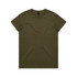 An olive green T-shirt featuring a round neck and short sleeves, with a logo on the label.