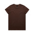 A brown T-shirt laid flat, featuring a simple design and a label at the neckline.