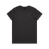 A black t-shirt featuring a simple design and a branded label on the neckline.
