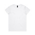 A plain white T-shirt with a round neckline and short sleeves, featuring a logo on the label.