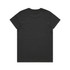 A black t-shirt with a round neckline and short sleeves, featuring a logo on the back.