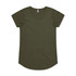 An olive green T-shirt with a scoop neck and short sleeves, featuring a logo on the label.