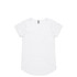 A white T-shirt with a rounded neckline and short sleeves, featuring a simple design and a tag.