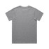 A grey t-shirt with short sleeves and a plain back, featuring a logo on the upper back.