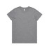 A grey basic t-shirt with a round neckline and short sleeves, featuring a logo tag.