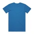 A blue T-shirt with short sleeves and a plain back, featuring a logo.