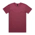 A maroon T-shirt with a round neck and short sleeves, featuring a logo in the neckline area.