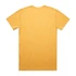 A plain yellow t-shirt with a standard crew neckline and short sleeves, featuring a logo on the back.