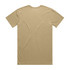 A plain beige t-shirt featuring a crew neck and short sleeves, with a logo on the back.