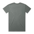 A grey T-shirt with a crew neck and short sleeves, featuring a plain back and a logo on the label.