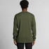 A long-sleeve t-shirt in olive green with a plain back and a logo on the lower side.