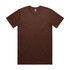 A brown classic tee shirt with a crew neckline and short sleeves, featuring a logo on the label.