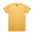 A plain yellow T-shirt with short sleeves and a branding label on the collar.