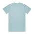 A light blue t-shirt with a crew neck and short sleeves, featuring a logo on the back.