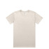 A beige basic t-shirt with short sleeves and a crew neck, featuring a logo on the inside tag.