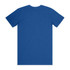 A blue basic tee with short sleeves and a plain back. It features a logo.