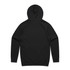 A black hoodie featuring a hood and long sleeves, with a smooth back design and a logo present.