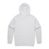 A grey hoodie with a snug hood and long sleeves, featuring a branding logo.