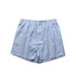 A pair of blue and white striped boxer shorts with an elastic waistband.