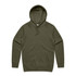 An olive green hoodie with a front pocket and a drawstring hood, featuring a logo.
