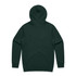 A dark green hoodie with a hood, featuring a plain back. It has a logo on it.